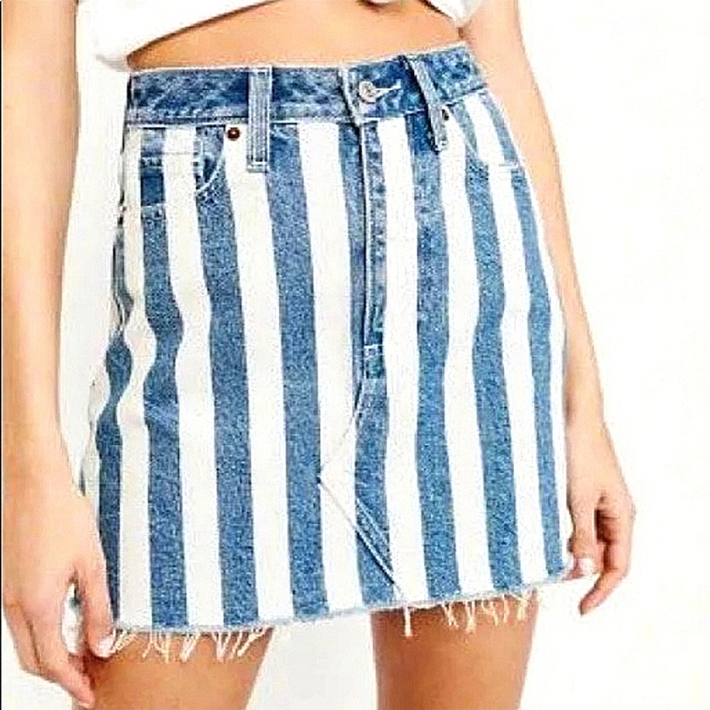 Striped Natural Rise Frayed Raw Hem Denim Skirt Beach Gift Party School Travel